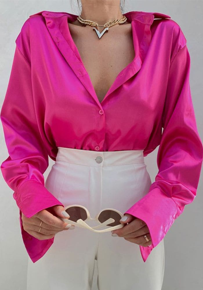Chemisier Chemise Longue Rose Chemisier Satin Rose Fuchsia - Main Image