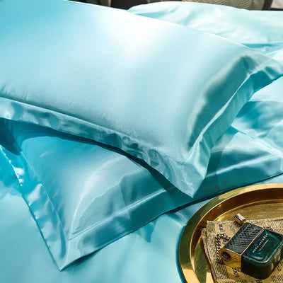 Taie-d-oreiller-Satin-à-volant-plat-turquoise