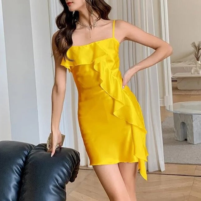 Nuisette-Satin-Drapé-Jaune