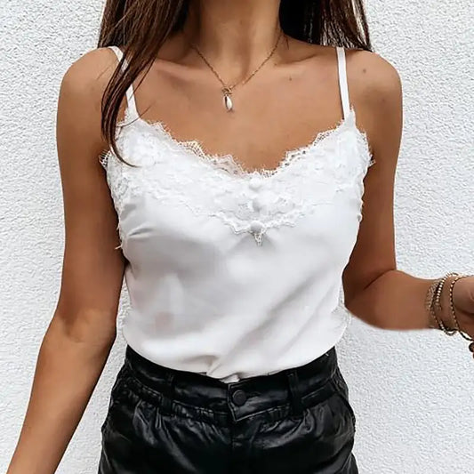 Débardeur d’été pour femme en soie imitation, col en V avec dentelle, coupe légère et fluide, couleur blanche.