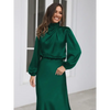 Robe longue femme Joanna™ en satin mat, taille haute, manches lanterne, disponible en plusieurs couleurs élégantes – idéale pour occasions formelles et soirées.