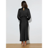 Robe longue femme Joanna™ en satin mat, taille haute, manches lanterne, disponible en plusieurs couleurs élégantes – idéale pour occasions formelles et soirées.