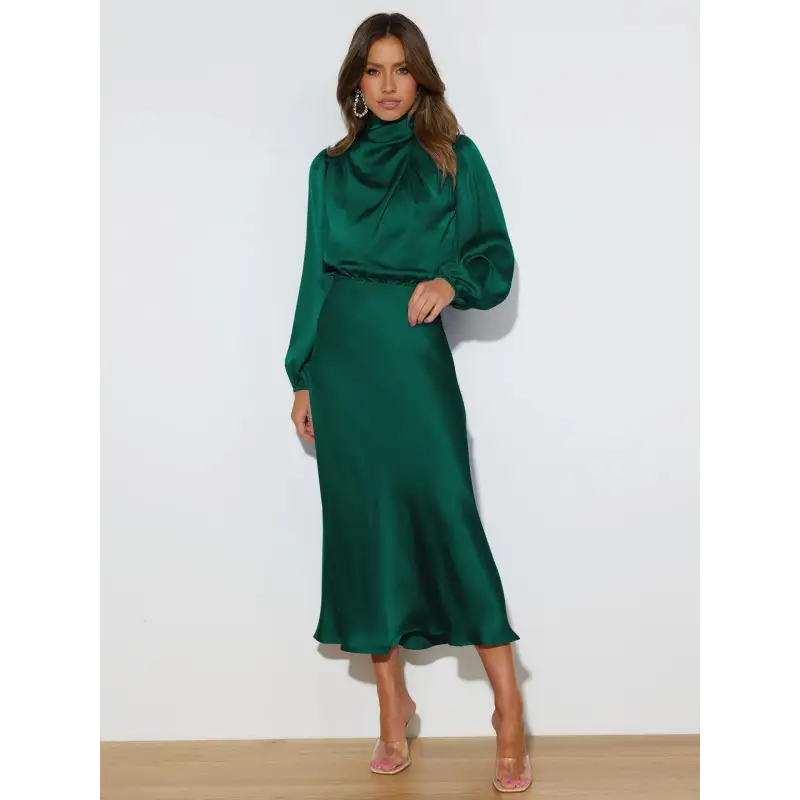Robe longue femme Joanna™ en satin mat, taille haute, manches lanterne, disponible en plusieurs couleurs élégantes – idéale pour occasions formelles et soirées.