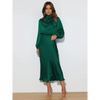 Robe longue femme Joanna™ en satin mat, taille haute, manches lanterne, disponible en plusieurs couleurs élégantes – idéale pour occasions formelles et soirées.