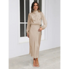 Robe longue femme Joanna™ en satin mat, taille haute, manches lanterne, disponible en plusieurs couleurs élégantes – idéale pour occasions formelles et soirées.