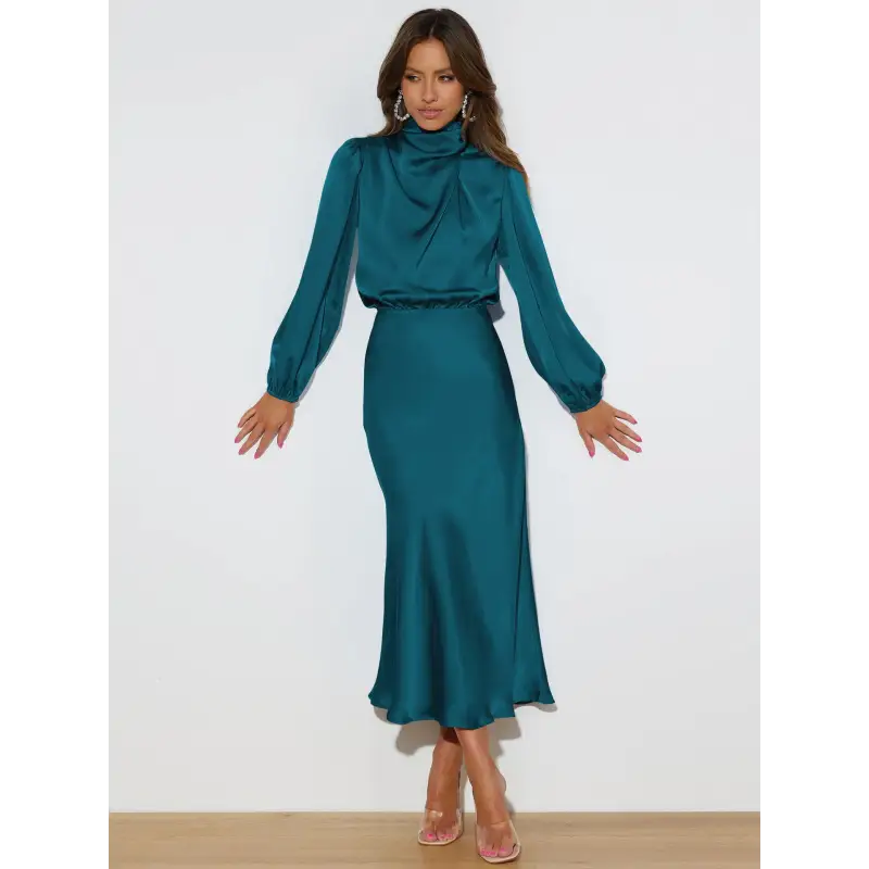 Robe longue femme Joanna™ en satin mat, taille haute, manches lanterne, disponible en plusieurs couleurs élégantes – idéale pour occasions formelles et soirées.