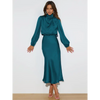 Robe longue femme Joanna™ en satin mat, taille haute, manches lanterne, disponible en plusieurs couleurs élégantes – idéale pour occasions formelles et soirées.