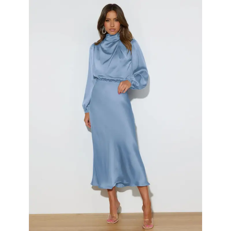 Robe longue femme Joanna™ en satin mat, taille haute, manches lanterne, disponible en plusieurs couleurs élégantes – idéale pour occasions formelles et soirées.