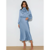 Robe longue femme Joanna™ en satin mat, taille haute, manches lanterne, disponible en plusieurs couleurs élégantes – idéale pour occasions formelles et soirées.