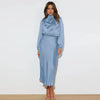 Robe longue femme Joanna™ en satin mat, taille haute, manches lanterne, disponible en plusieurs couleurs élégantes – idéale pour occasions formelles et soirées.