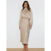 Robe longue femme Joanna™ en satin mat, taille haute, manches lanterne, disponible en plusieurs couleurs élégantes – idéale pour occasions formelles et soirées.