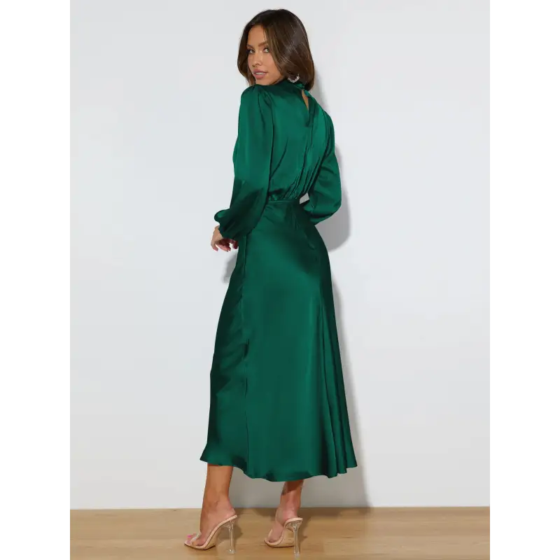Robe longue femme Joanna™ en satin mat, taille haute, manches lanterne, disponible en plusieurs couleurs élégantes – idéale pour occasions formelles et soirées.