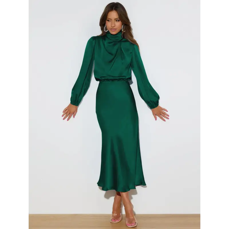 Robe longue femme Joanna™ en satin mat, taille haute, manches lanterne, disponible en plusieurs couleurs élégantes – idéale pour occasions formelles et soirées.