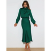 Robe longue femme Joanna™ en satin mat, taille haute, manches lanterne, disponible en plusieurs couleurs élégantes – idéale pour occasions formelles et soirées.