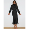 Robe longue femme Joanna™ en satin mat, taille haute, manches lanterne, disponible en plusieurs couleurs élégantes – idéale pour occasions formelles et soirées.