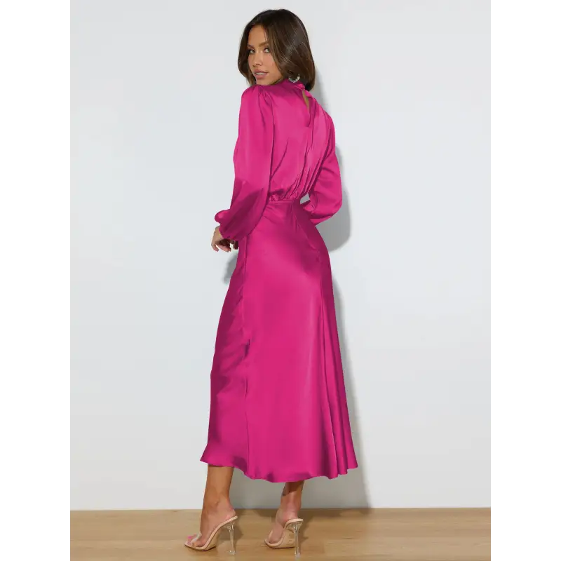 Robe longue femme Joanna™ en satin mat, taille haute, manches lanterne, disponible en plusieurs couleurs élégantes – idéale pour occasions formelles et soirées.