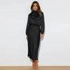 Robe longue femme Joanna™ en satin mat, taille haute, manches lanterne, disponible en plusieurs couleurs élégantes – idéale pour occasions formelles et soirées.