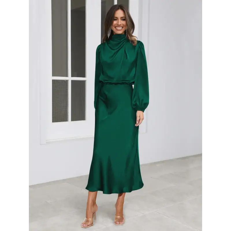Robe longue femme Joanna™ en satin mat, taille haute, manches lanterne, disponible en plusieurs couleurs élégantes – idéale pour occasions formelles et soirées.