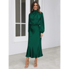 Robe longue femme Joanna™ en satin mat, taille haute, manches lanterne, disponible en plusieurs couleurs élégantes – idéale pour occasions formelles et soirées.
