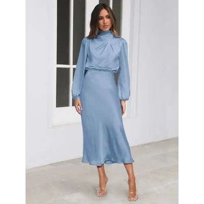 Robe longue femme Joanna™ en satin mat, taille haute, manches lanterne, disponible en plusieurs couleurs élégantes – idéale pour occasions formelles et soirées.