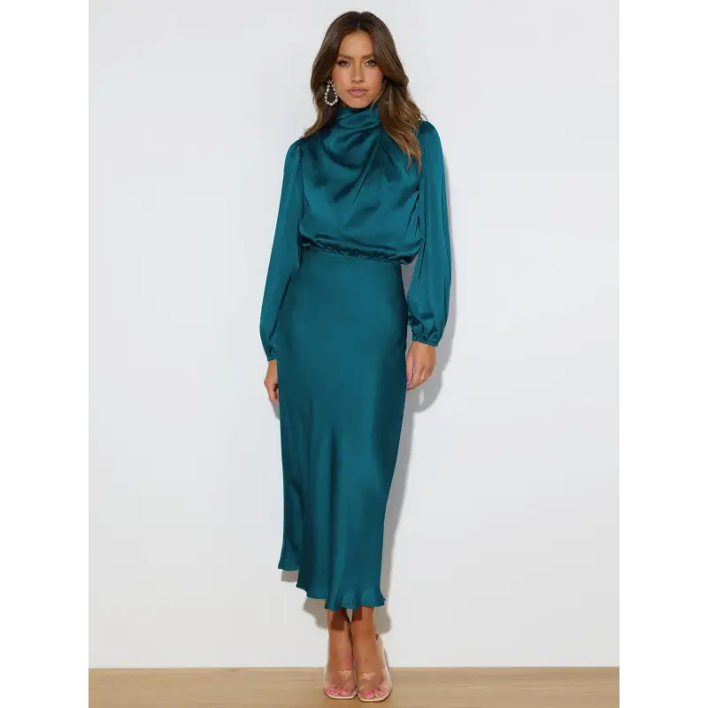 Robe longue femme Joanna™ en satin mat, taille haute, manches lanterne, disponible en plusieurs couleurs élégantes – idéale pour occasions formelles et soirées.