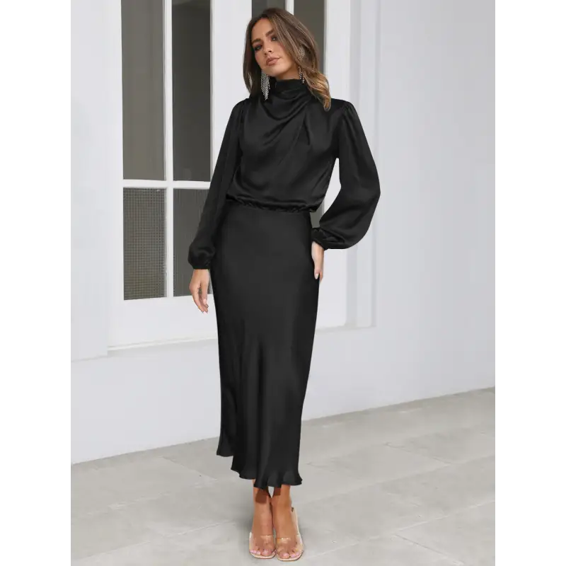 Robe longue femme Joanna™ en satin mat, taille haute, manches lanterne, disponible en plusieurs couleurs élégantes – idéale pour occasions formelles et soirées.