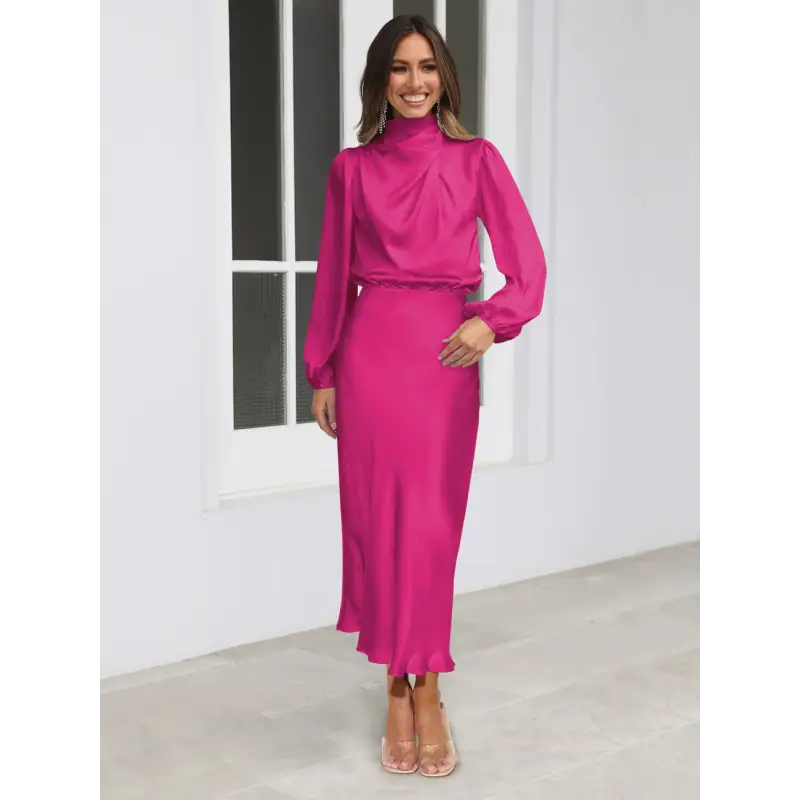 Robe longue femme Joanna™ en satin mat, taille haute, manches lanterne, disponible en plusieurs couleurs élégantes – idéale pour occasions formelles et soirées.