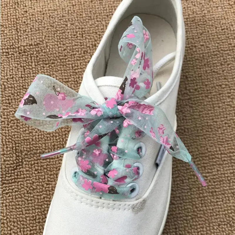 Lacets-Satin-Imprimé-Floral-Bleu