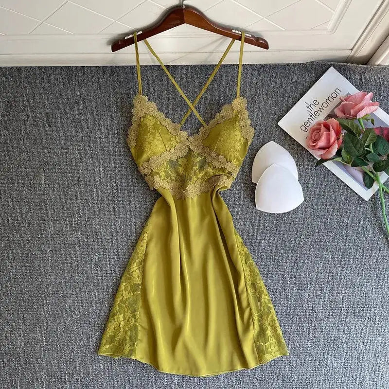 Nuisette-Satin-Bustier-Dentelé-jaune