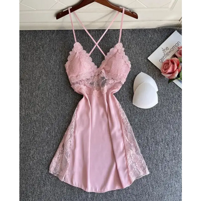 Nuisette-Satin-Bustier-Dentelé-Rose