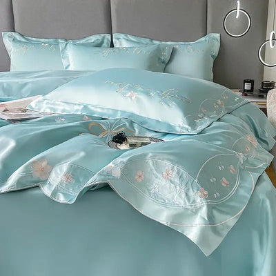 magnifique-broderie-sur-taies-oreiller-satin-de-coton-vert-d-eau