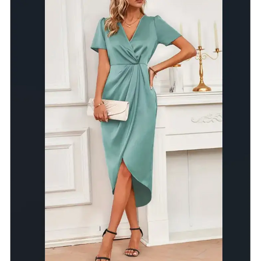 Robe en Satin à manches courtes - Bleu / S - Robe Satin