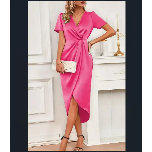 Robe en Satin à manches courtes - Rose / S - Robe Satin