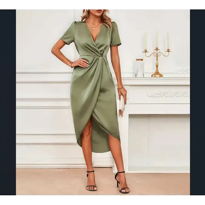 Robe en Satin à manches courtes - Vert / S - Robe Satin