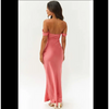 Robe longue rouge pastèque sans bretelles avec col droit et dos ouvert, coupe moulante élégante – tenue chic pour soirée ou événement formel.