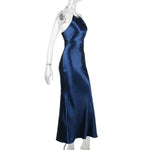 Robe Satin Bleu Nuit à Décolleté Halter - Vignette | Création Satin