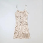 Robe Satin Courte Beige avec Lacets - Vignette | Création Satin