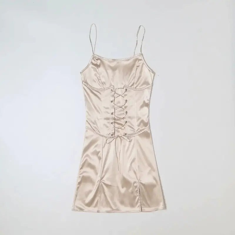 Robe Satin Courte Beige avec Lacets