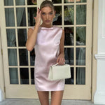 Robe Satin Courte Rose Sans Manche Élégante - Vignette | Création Satin