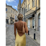 Robe Satin Jaune Fendue à Épaule Dénudée - Vignette | Création Satin
