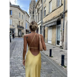 Robe Satin Jaune Fendue à Épaule Dénudée - Vignette | Création Satin