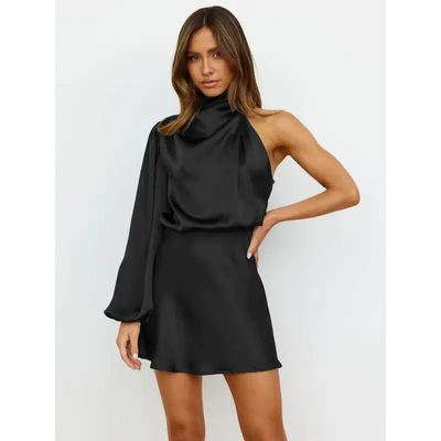 Robe Satin Verte épaule dénundée - Noir / L - Robe Satin