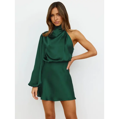 Robe Satin Verte épaule dénundée - Vert foncé / L - Robe