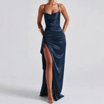 Robe Satinée Dos Nu Bleu Marine - Vignette | Création Satin