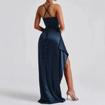 Robe Satinée Dos Nu Bleu Marine - Vignette | Création Satin