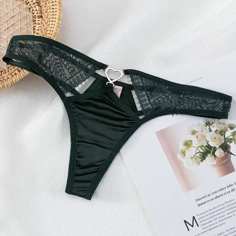 String-Satin-Sexy-Dentelle-Et-Cœur-Vert-Foncé