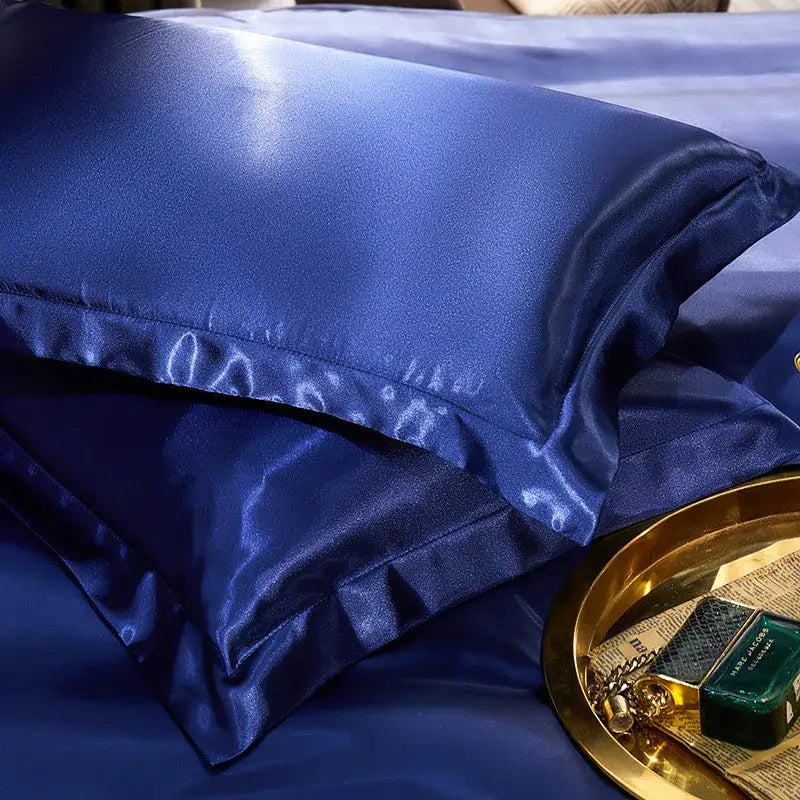 Taie-d-oreiller-Satin-à-volant-plat-bleu-marine