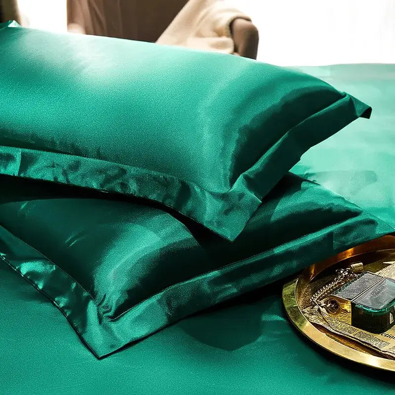 Taie-d-oreiller-Satin-à-volant-plat-vert-emeraude