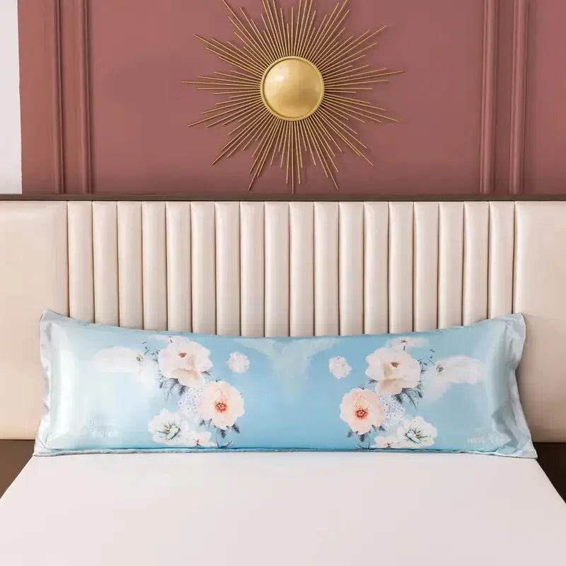 Taie-d-oreiller-Satin-longue-Fantaisie-bleu-avec-motif-floral