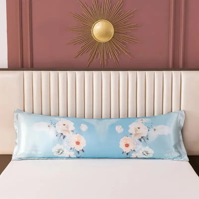 Taie-d-oreiller-Satin-longue-Fantaisie-bleu-avec-motif-floral